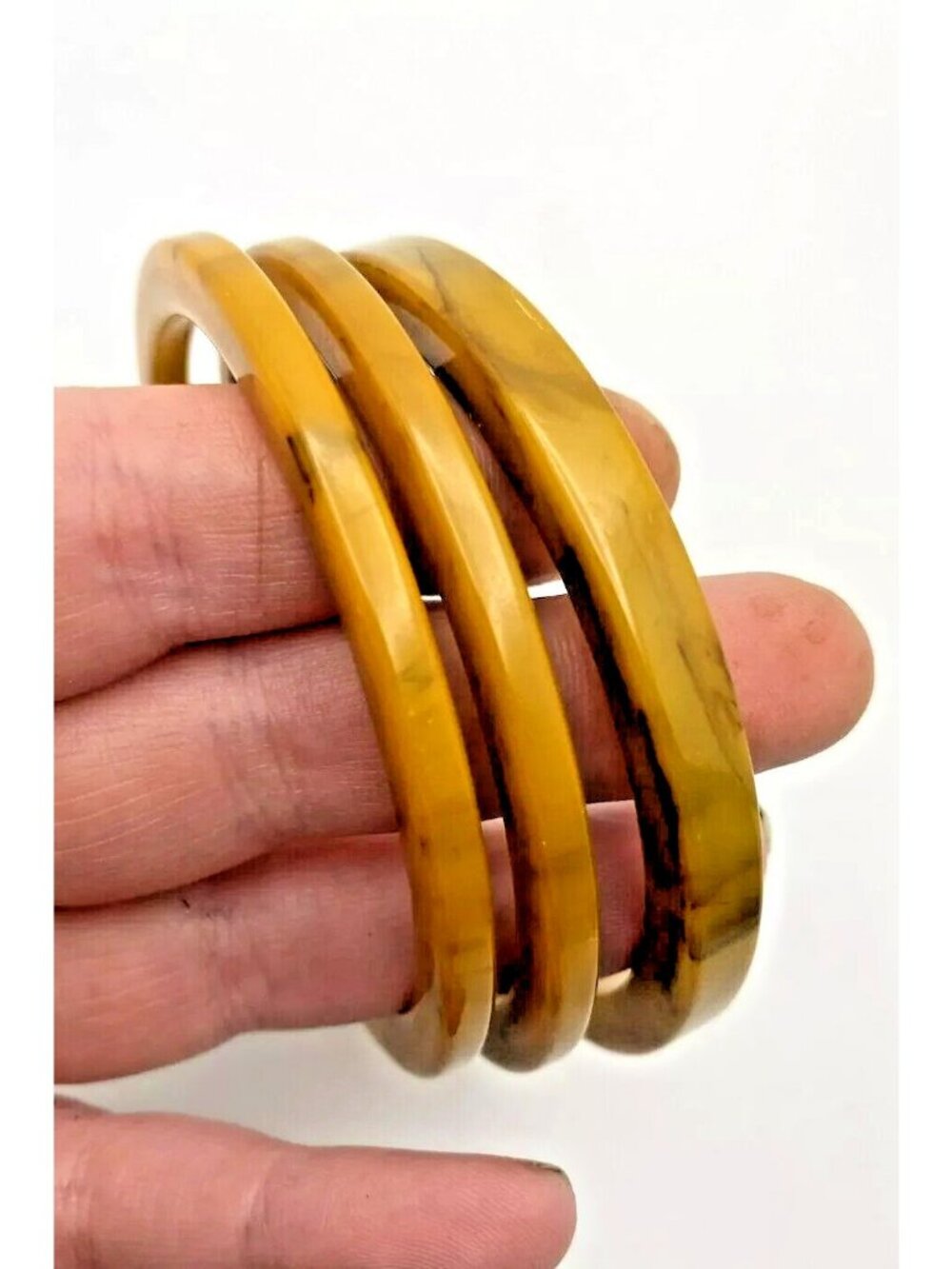 3 Bakelite Bangles Bracelet Marble Butterscotch Spinach 1 thicker 2 thin Vintage